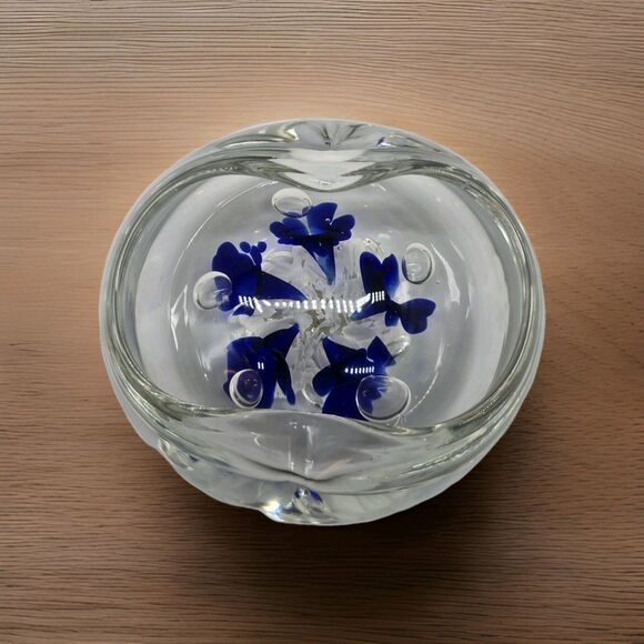 Vintage Jack Conner Paperweight 80s Glass Controlled Bubbles Blue Floral - Picture 1 of 8